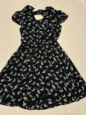 Girls Black Dress with Light Blue Bird Print